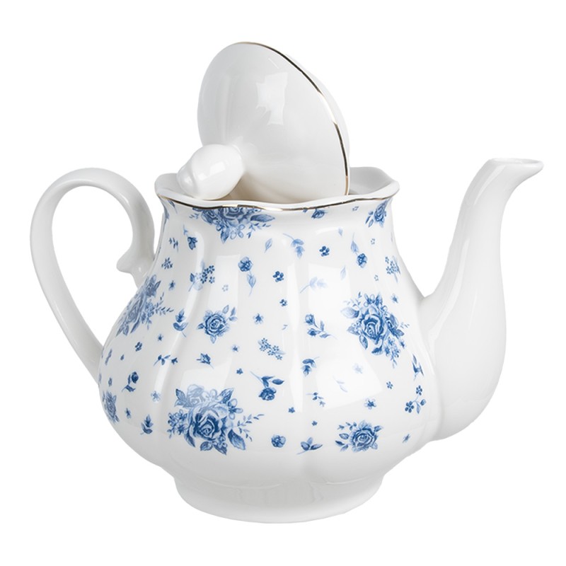 Clayre & Eef Theepot  1000 ml Wit Blauw Porselein Roosjes