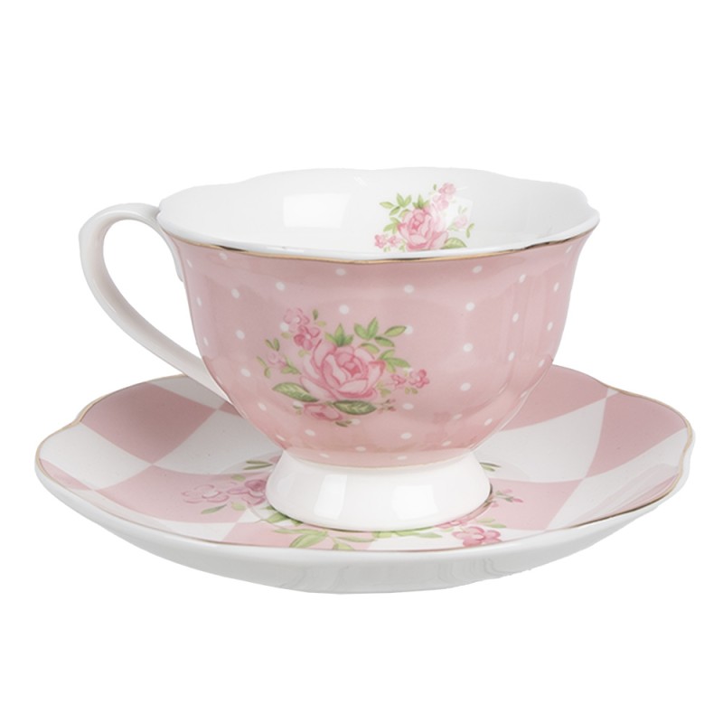 Clayre & Eef Tasse mit Untertasse 200 ml Rosa Weiß Porzellan Rosen