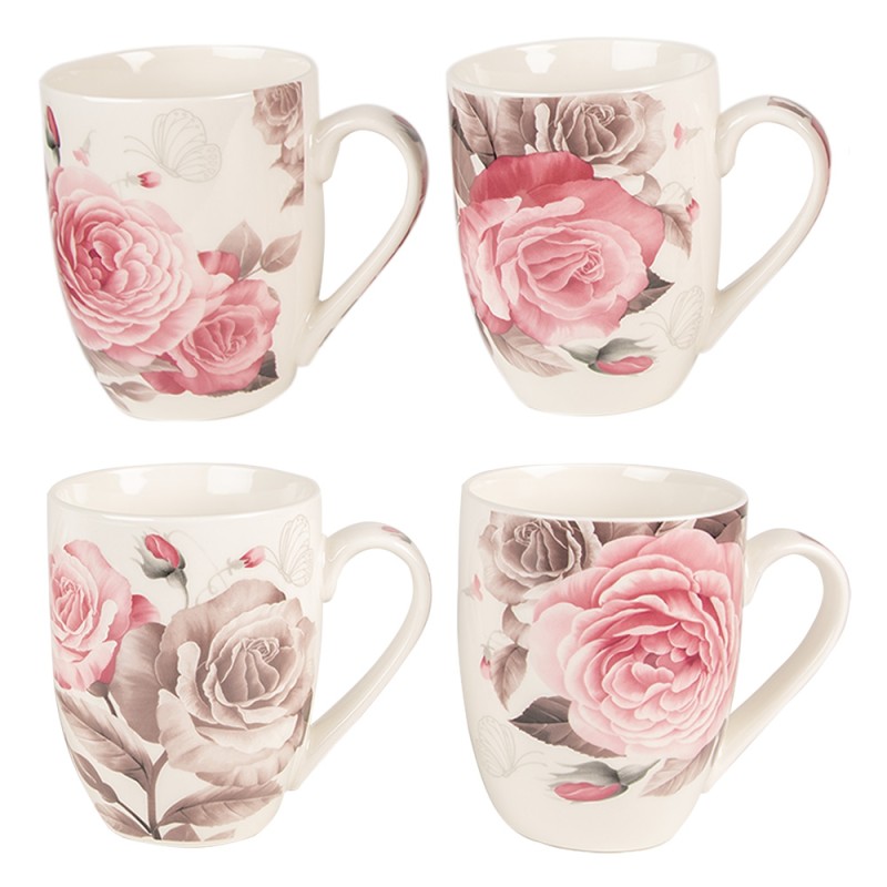 Clayre & Eef Mug Set of 4 300 ml Pink Porcelain Roses
