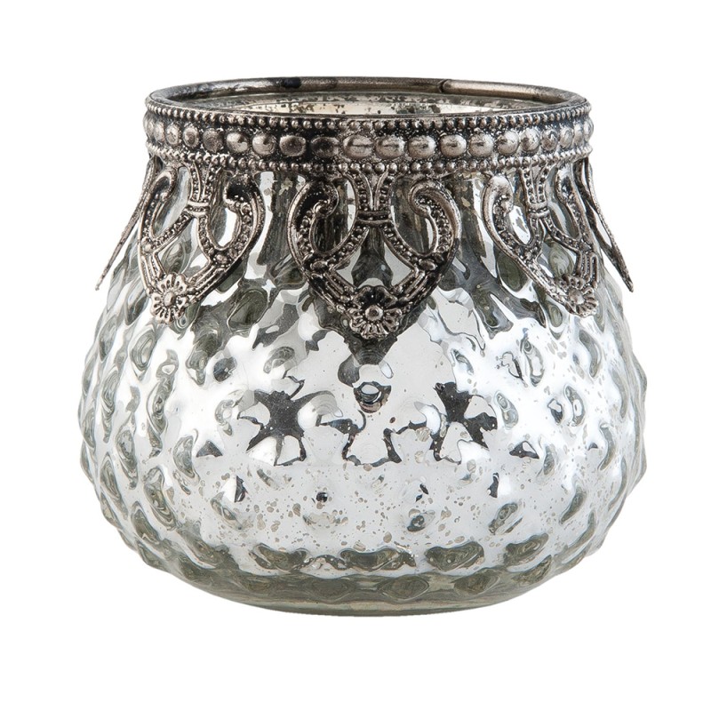 Clayre & Eef Tealight Holder Ø 8x7 cm Silver colored Glass Metal