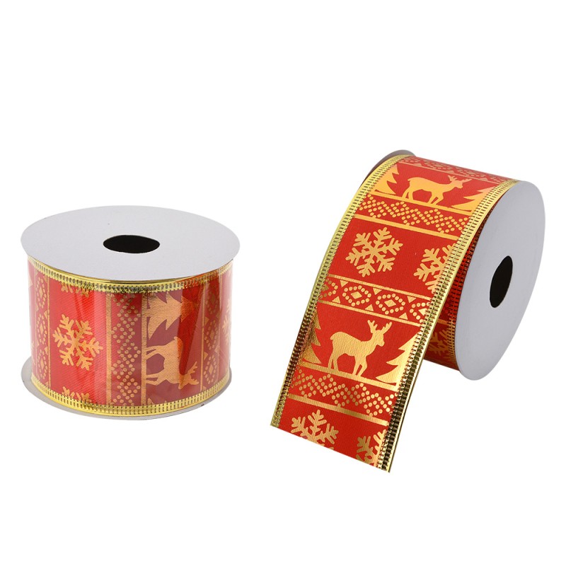 Clayre & Eef Weihnachtsband 50 mm Rot Goldfarbig Synthetisch