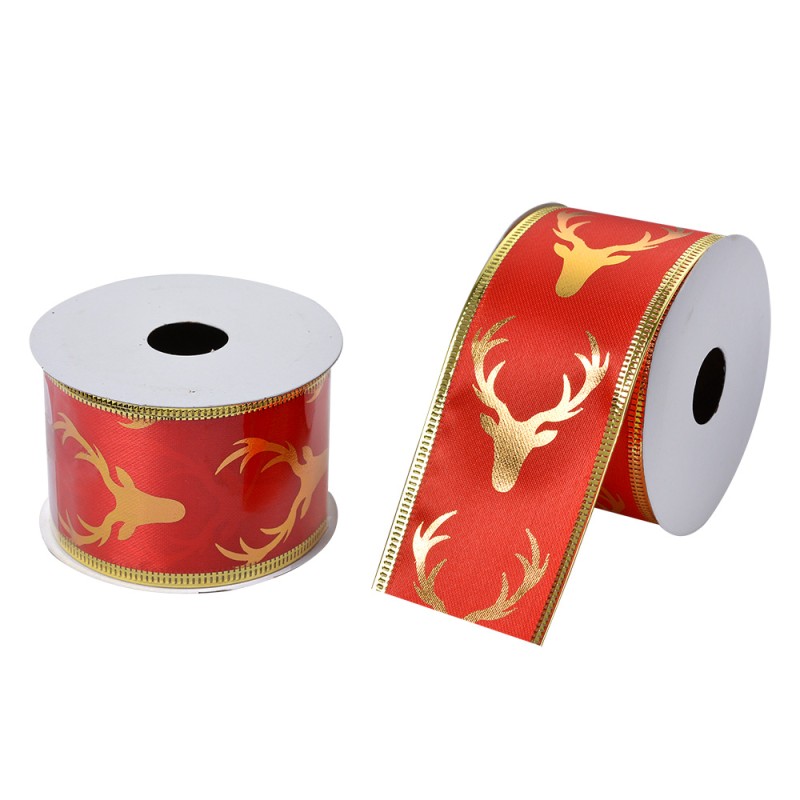 Clayre & Eef Weihnachtsband 50 mm Rot Goldfarbig Synthetisch