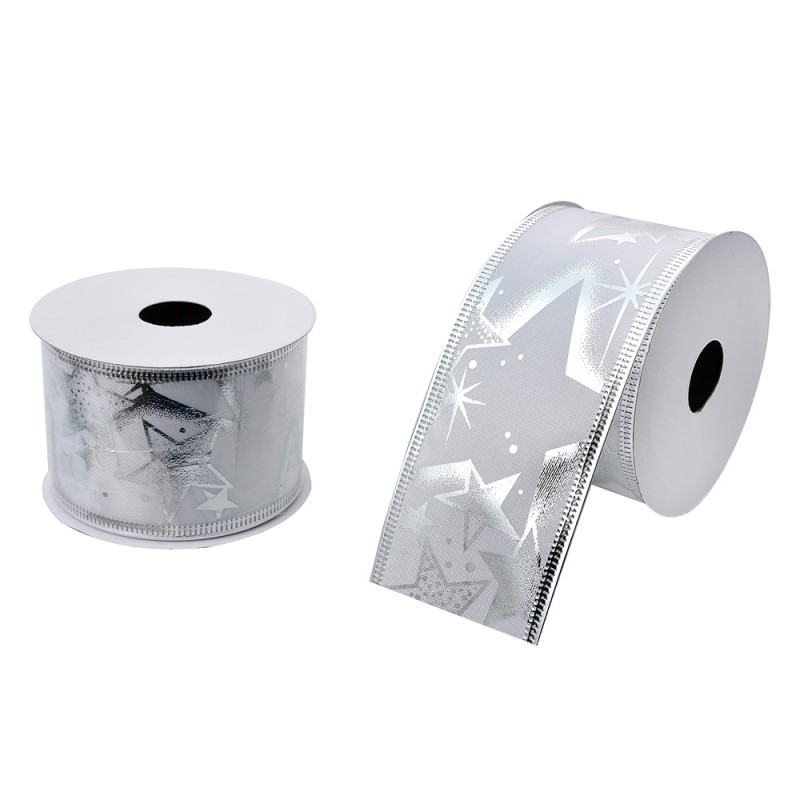 Clayre & Eef Christmas ribbon 50 mm White Silver colored Synthetic