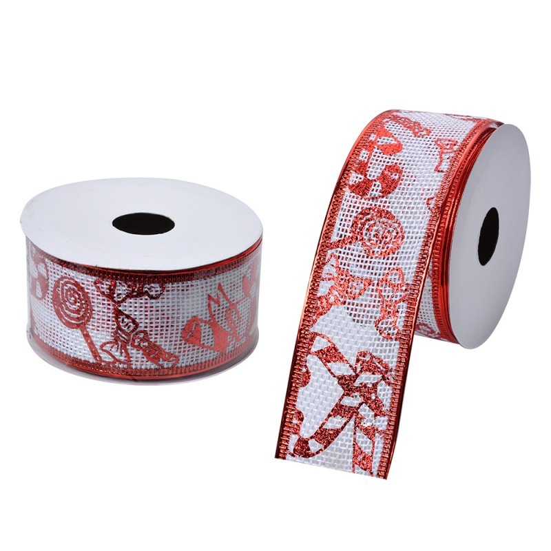 Clayre & Eef Christmas ribbon 38 mm White Red Synthetic