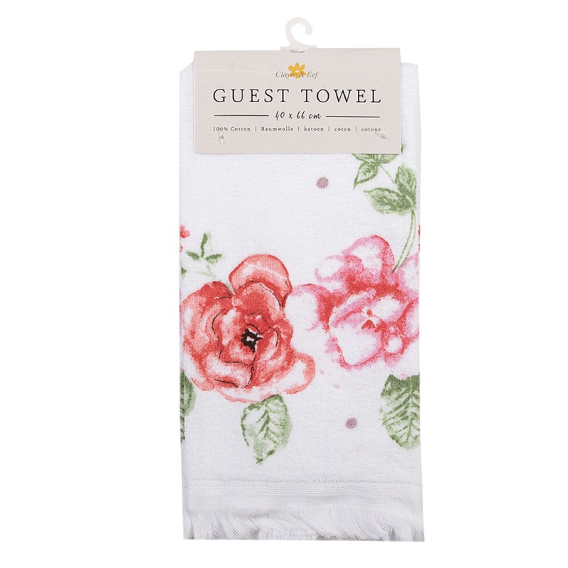 Clayre & Eef Guest Towel 40x66 cm White Pink Cotton Rectangle Flowers