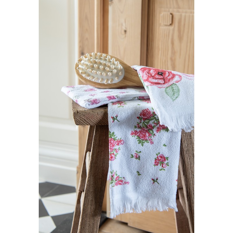 Clayre & Eef Gastendoekje  40x66 cm Wit Roze Katoen Rechthoek Bloemen