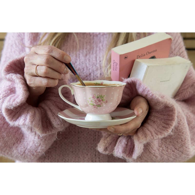 Clayre & Eef Cup and Saucer 200 ml Pink White Porcelain Roses