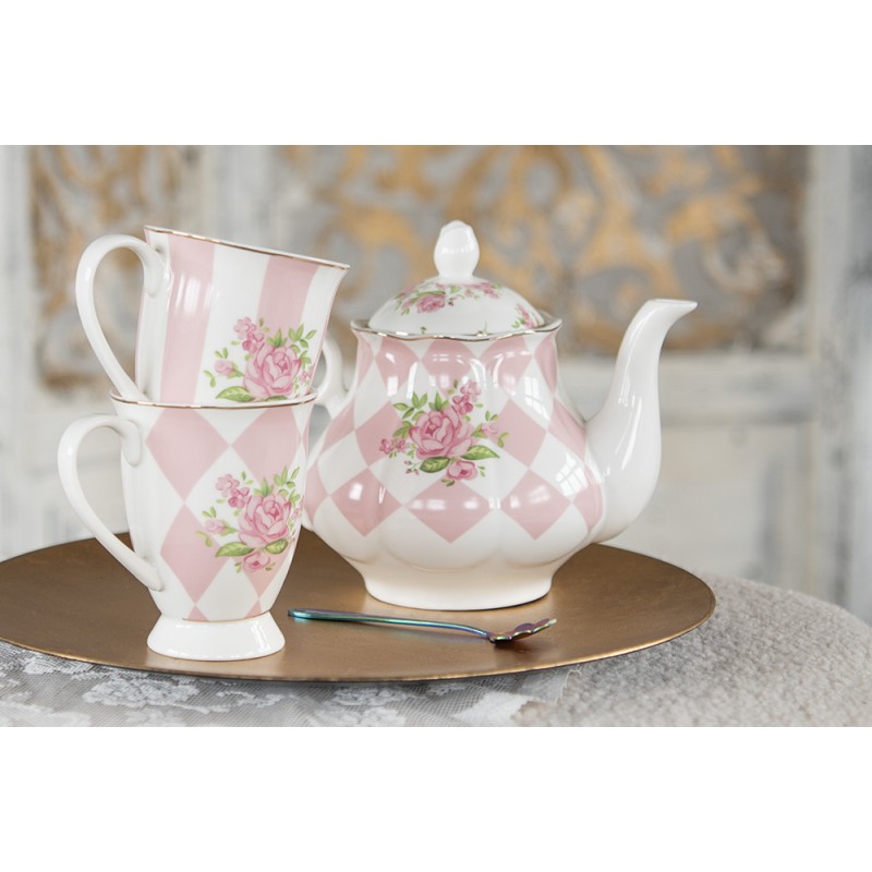 Clayre & Eef Théière 1000 ml Rose Blanc Porcelaine Roses