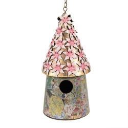 Clayre & Eef Birdhouse Ø 17x33/70 cm Pink Iron Round
