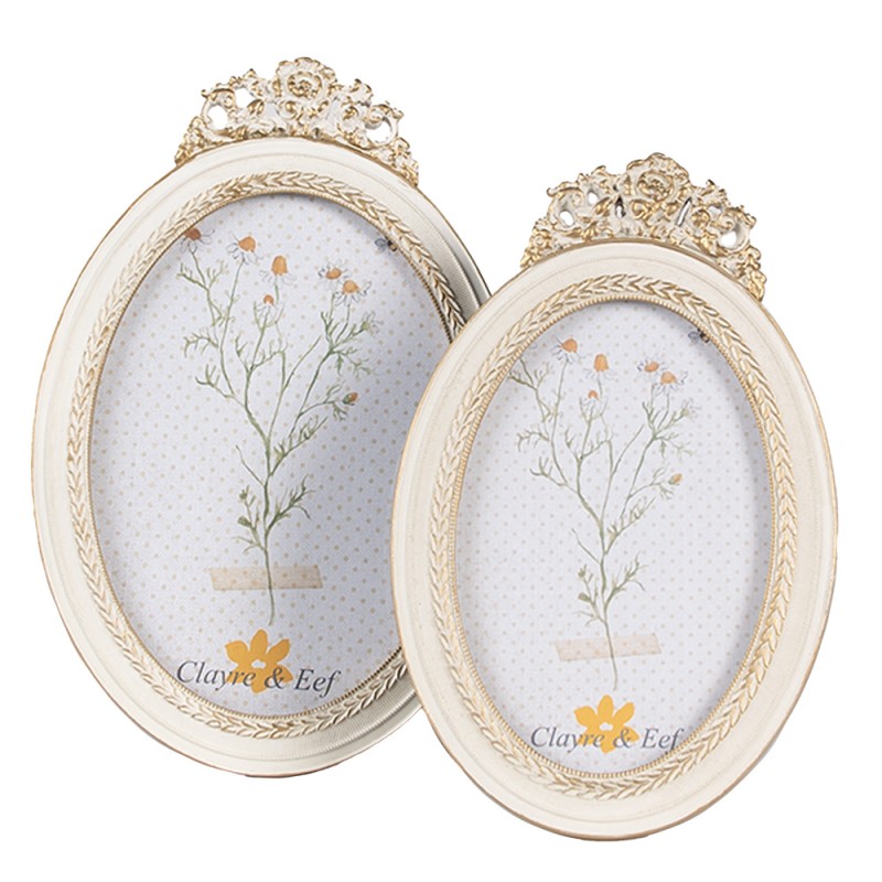Clayre & Eef Bilderrahmen 13x18 cm Weiß Goldfarbig Kunststoff Glas Oval