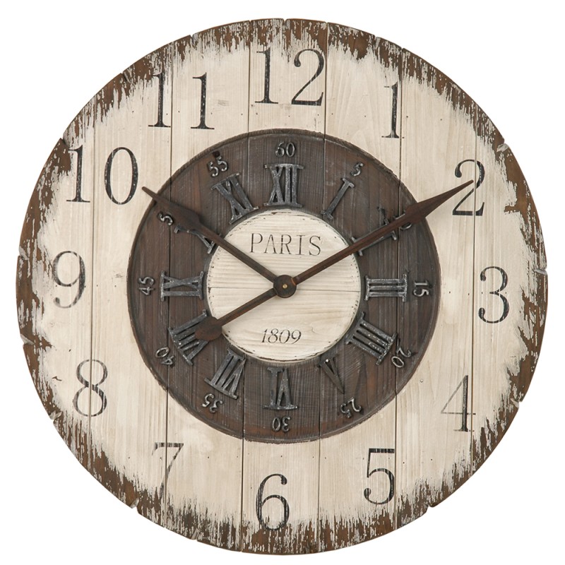 Clayre & Eef Wandklok  Ø 80cm Wit Hout Kunststof Rond