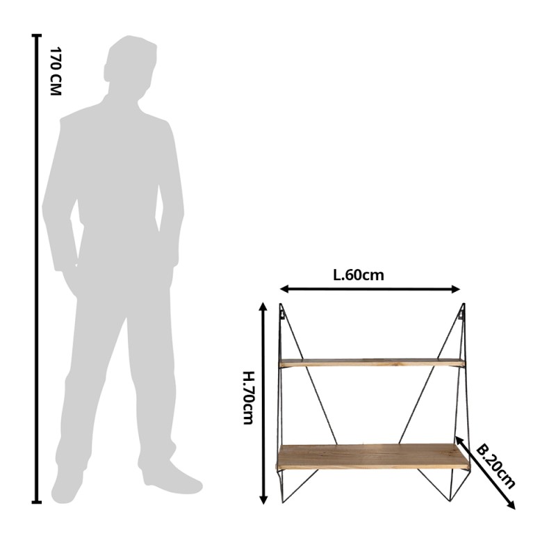 Clayre & Eef Wall Rack 60x20x70 cm Black Iron Wood