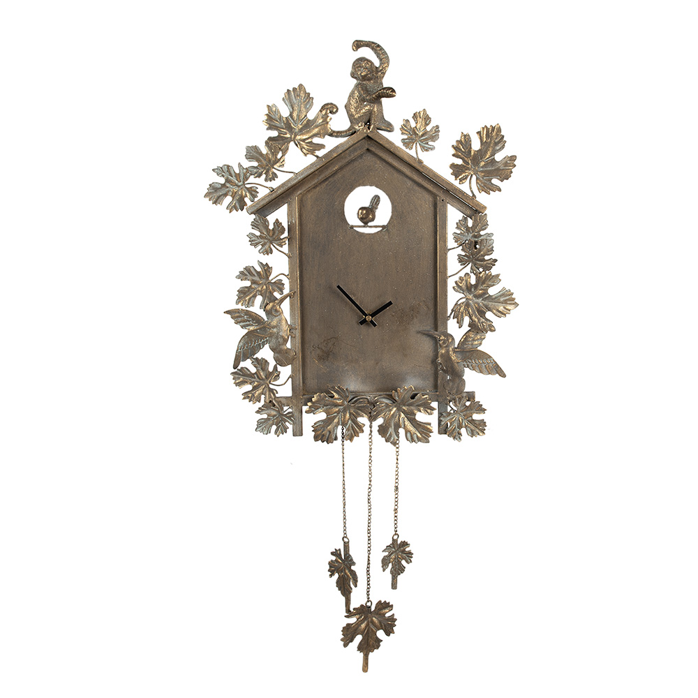 Clayre & Eef Wandklok 36x8x86 cm Goudkleurig IJzer Bladeren afbeelding