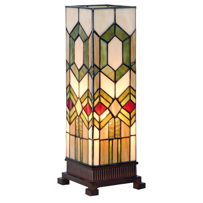 LumiLamp Tiffany Tafellamp  12x35 cm  Groen Bruin Glas Vierkant