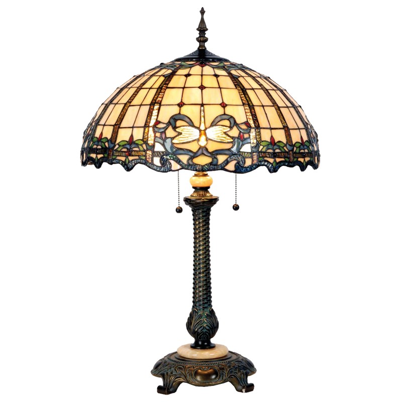 LumiLamp Lampe de table Tiffany Ø 50x80 cm Beige Bleu Verre Demi-cercle Libellule