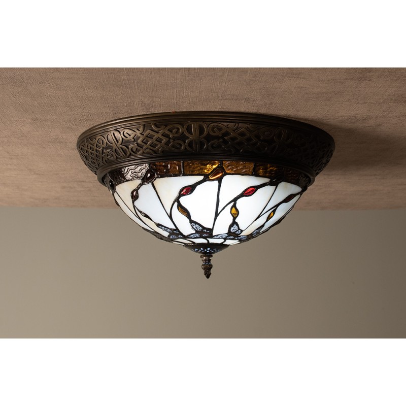 LumiLamp Deckenlampe Tiffany Ø 38x19 cm  Beige Braun Glas Dreieck Schmetterling