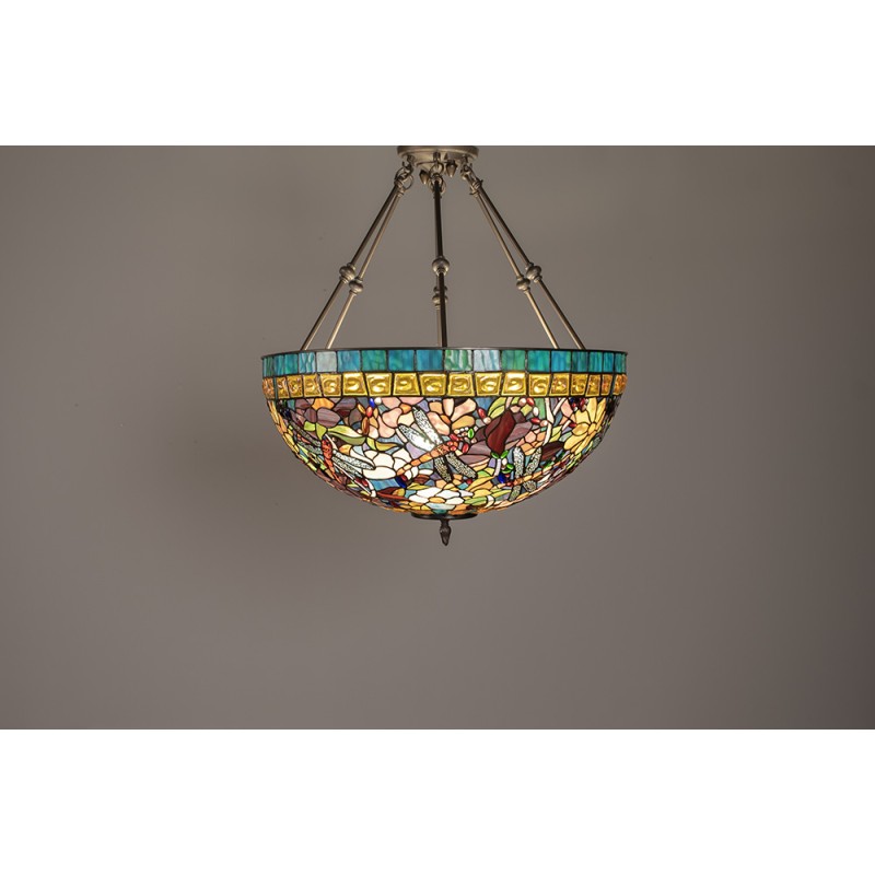 LumiLamp Lampes à suspension Tiffany Ø 70x75 cm Bleu Beige Métal Verre Demi-cercle Libellule