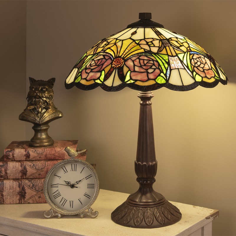 LumiLamp Table Lamp Tiffany Ø 44x57 cm  Yellow Green Glass Triangle Flowers