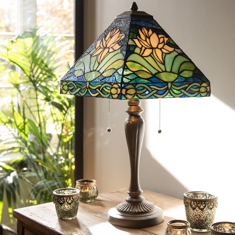 LumiLamp Table Lamp Tiffany 31x31x61 cm Green Blue Glass Plastic Square Flowers