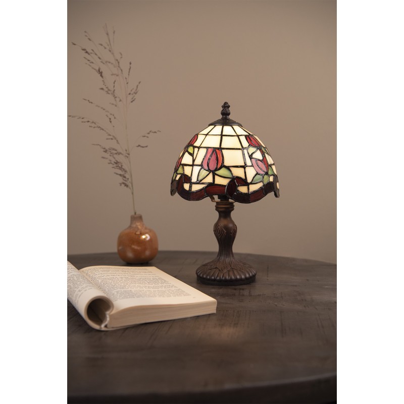 LumiLamp Lampe de table Tiffany Ø 18x30 cm Beige Rouge Verre Plastique Fleurs