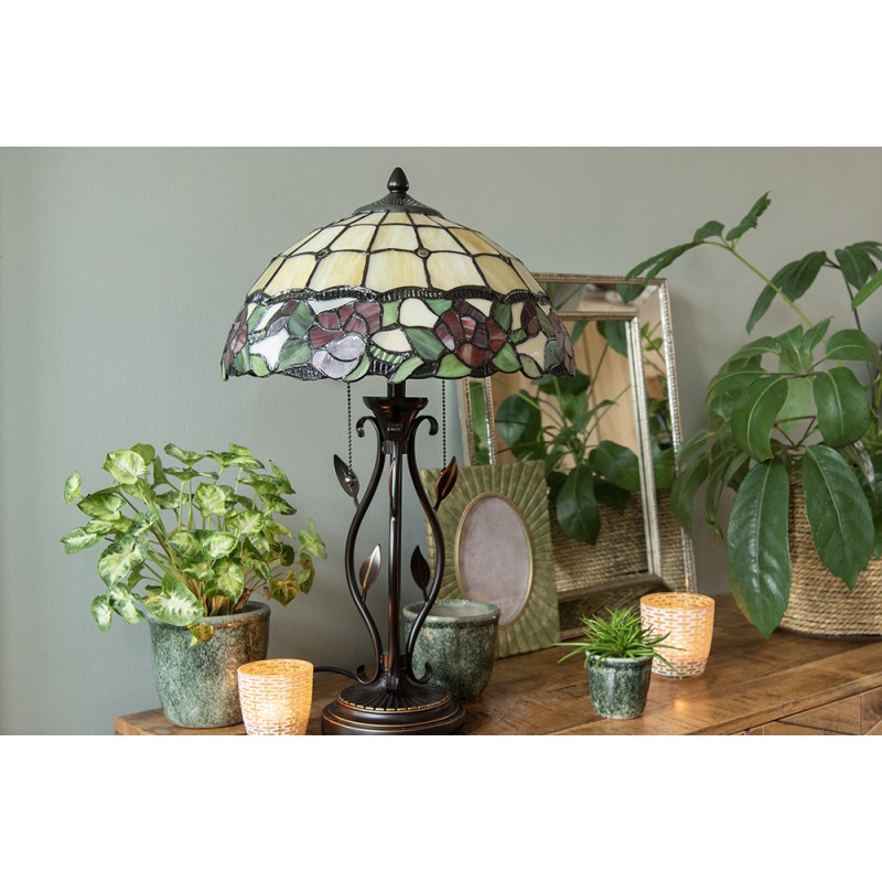 LumiLamp Tiffany Tischlampe Ø 35x61 cm  Beige Grün Glas Rose