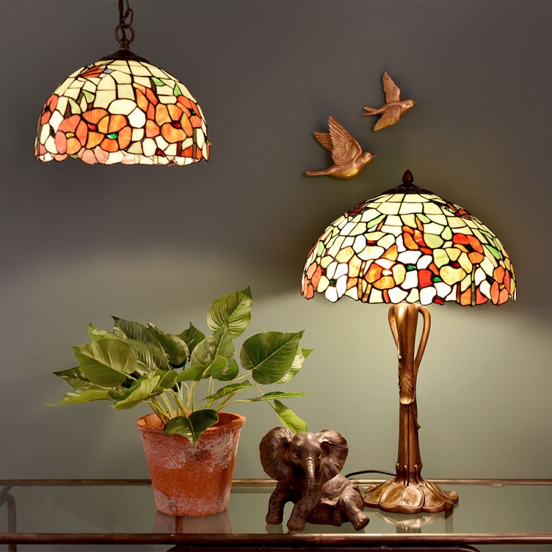 LumiLamp Lampada da tavolo Tiffany Ø 40x63 cm  Beige Rosso Vetro Fiori