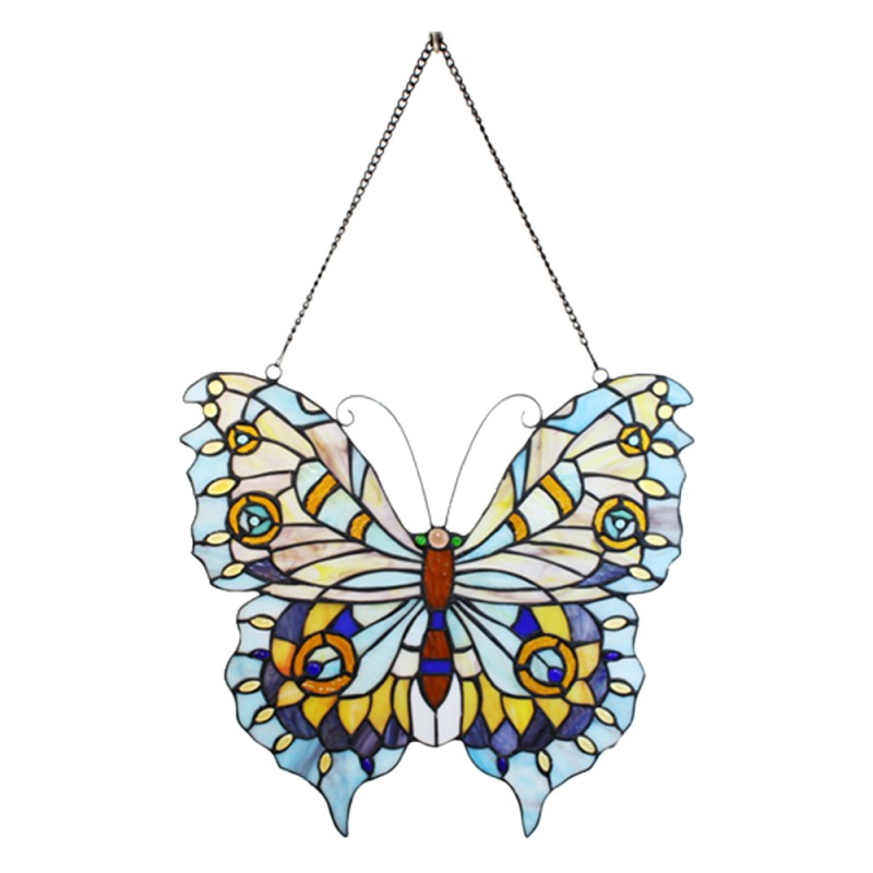 LumiLamp Pannello in Vetro Tiffany Farfalla 40x60 cm Blu Vetro