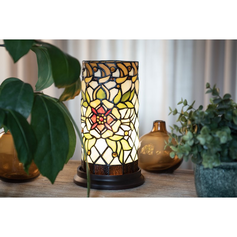 LumiLamp Table Lamp Tiffany Ø 15x26 cm  Green Beige Glass Round Flower