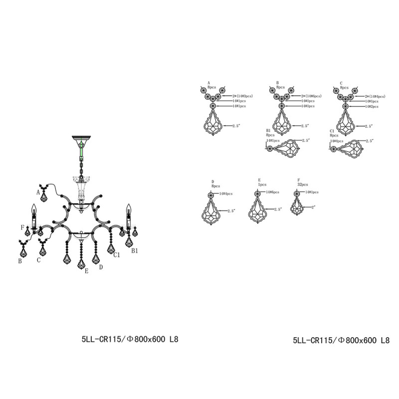 LumiLamp Chandelier Ø 80x60 cm Silver colored Metal Glass