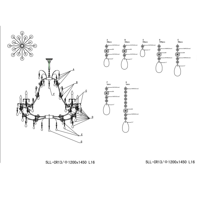 LumiLamp Chandelier Ø 135x125/180 cm  Gold colored Brown Iron Glass
