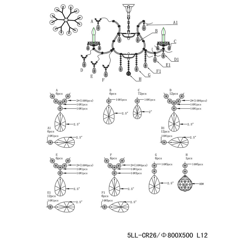 LumiLamp Chandelier Ø 75x57/170 cm  Silver colored Iron Glass