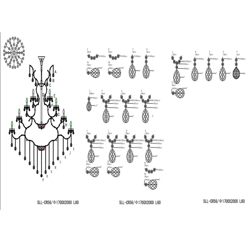 LumiLamp Chandelier Ø 170x200/270 cm  Transparent Iron Glass