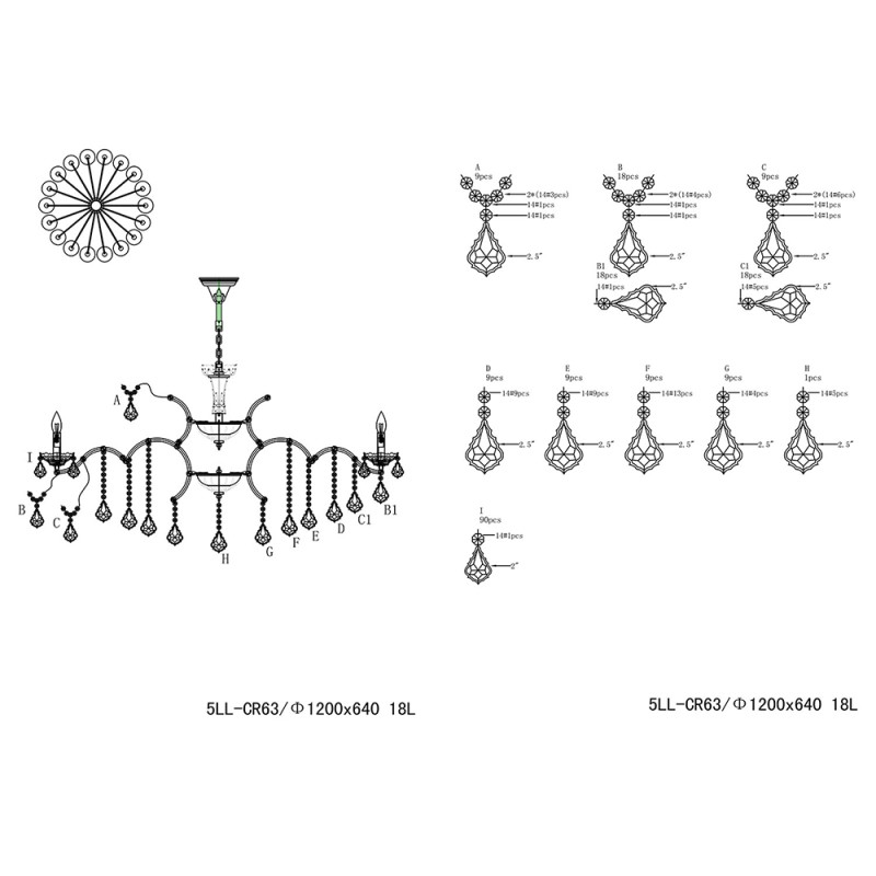 LumiLamp Chandelier Ø 120x64 cm Transparent Iron Glass