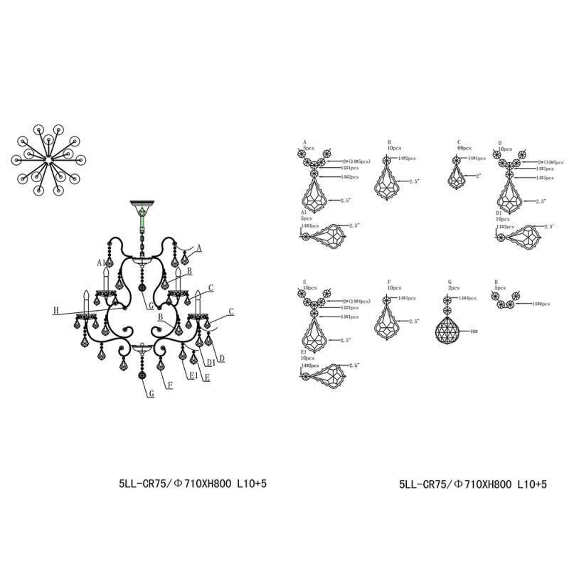 Lumilamp Chandelier Ø 71x80 cm Transparent Iron
