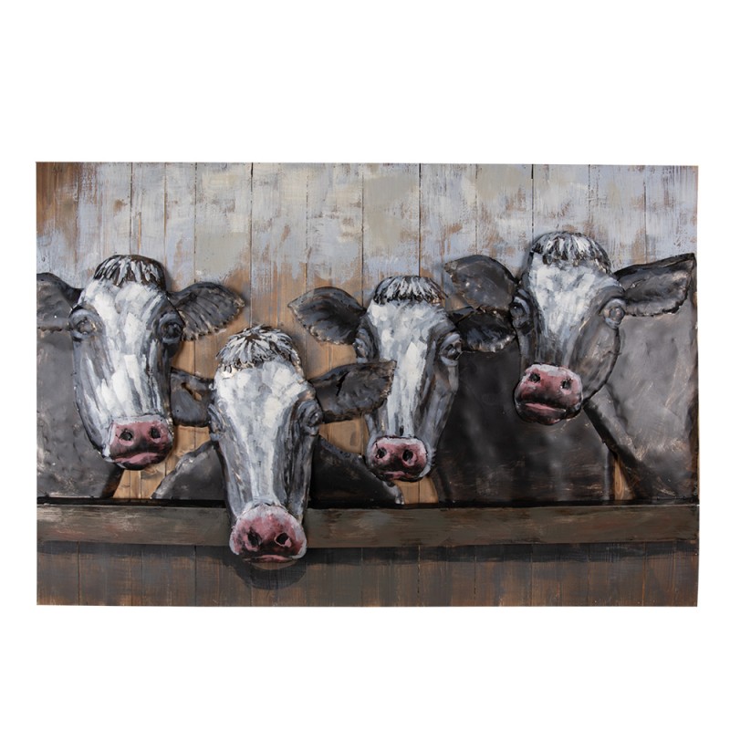 Clayre & Eef Schilderij  120x7x80 cm Zwart Wit Ijzer Hout Rechthoek Koeien