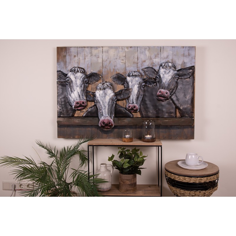 Clayre & Eef Schilderij  120x7x80 cm Zwart Wit Ijzer Hout Rechthoek Koeien
