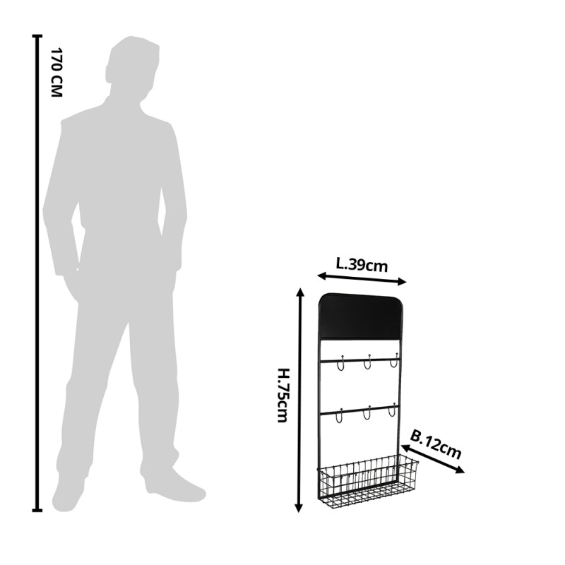 Clayre & Eef Wall Rack 39x12x75 cm Black Metal Rectangle