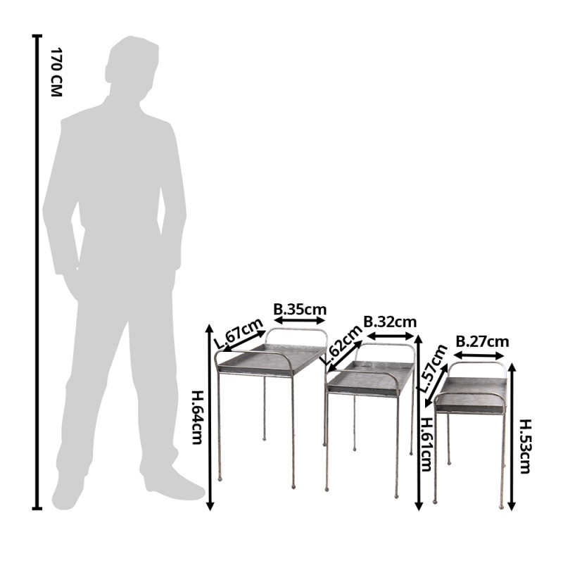 Clayre & Eef Side Table Set of 3 Grey Iron Rectangle