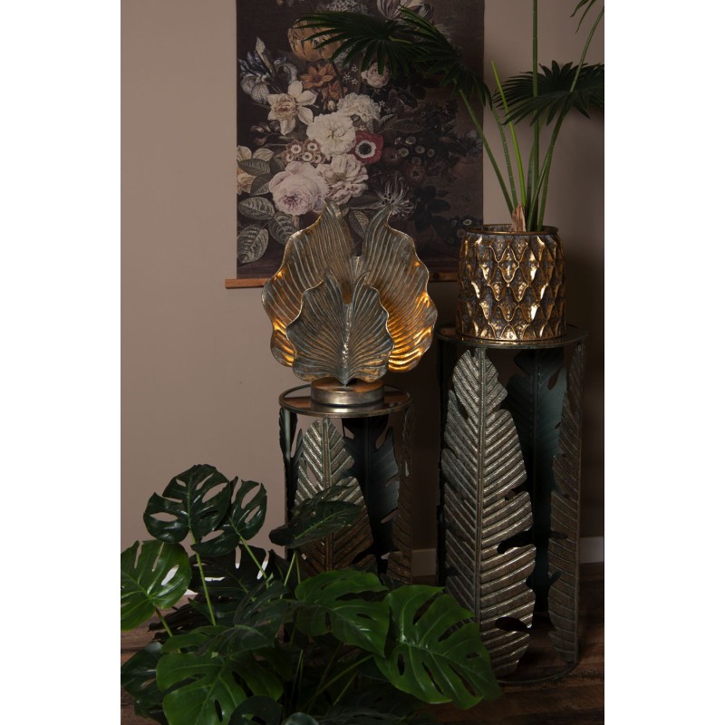 Clayre & Eef Side Table Set of 2 Copper colored Metal Glass Round Leaves