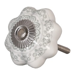 Clayre & Eef Deurknop  Ø 4.5 cm Wit Grijs Keramiek Bloemen