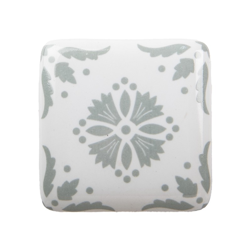 Clayre & Eef Door Knob 3 cm White Grey Ceramic Square