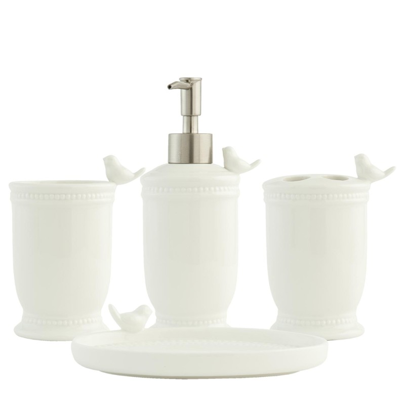 Clayre & Eef Badkamerset Set van 4 Vogel Wit Keramiek Vogel