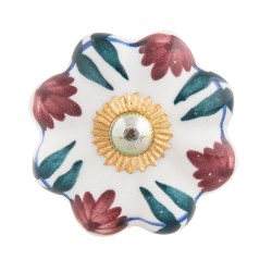 Clayre & Eef Door Knob Ø 4x3 cm Red Green Ceramic Leaves