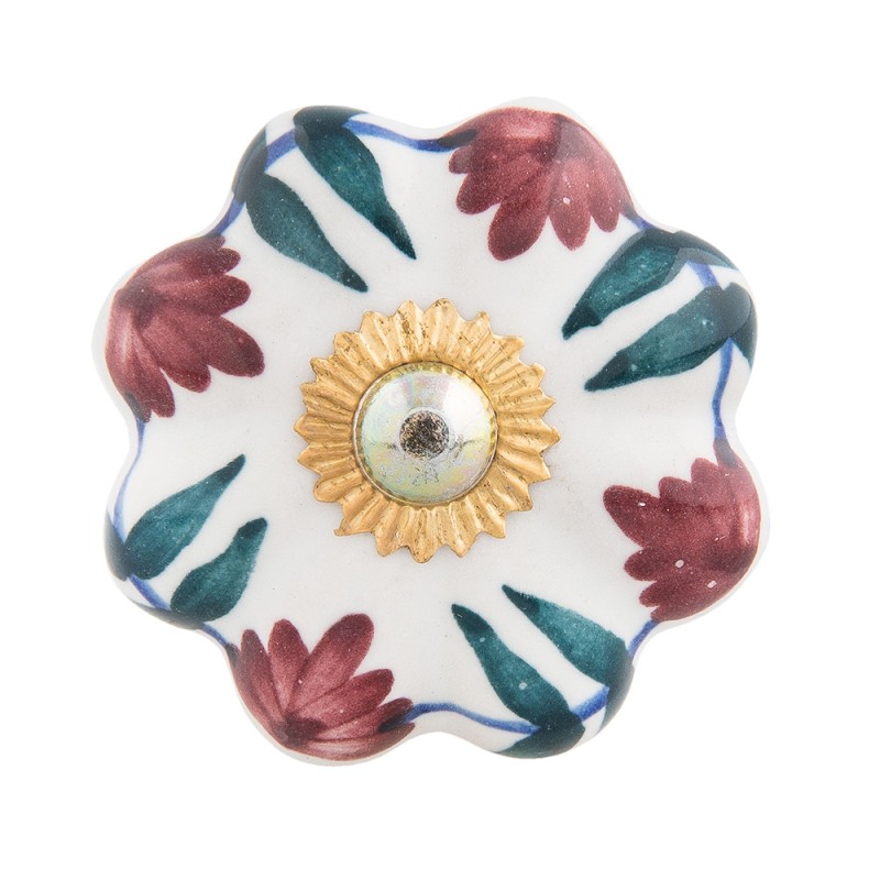 Clayre & Eef Deurknop Ø 4x3 cm Rood Groen Keramiek Bladeren