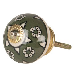 Clayre & Eef Poignée de porte Ø 4x4 cm Vert Céramique Rond Fleurs