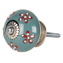 Clayre & Eef Poignée de porte Ø 4 cm Vert Céramique Rond Fleurs