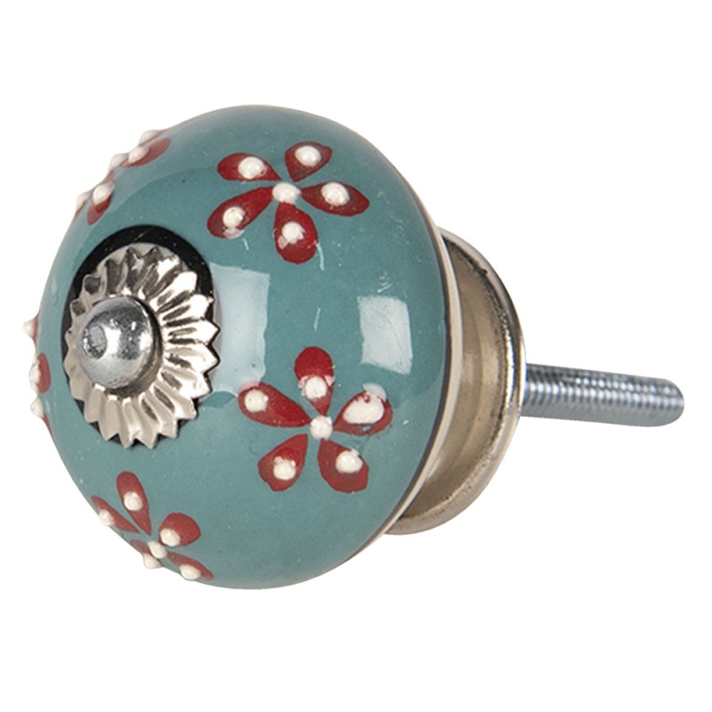 Clayre & Eef Door Knob Ø 4 cm Green Ceramic Round Flowers