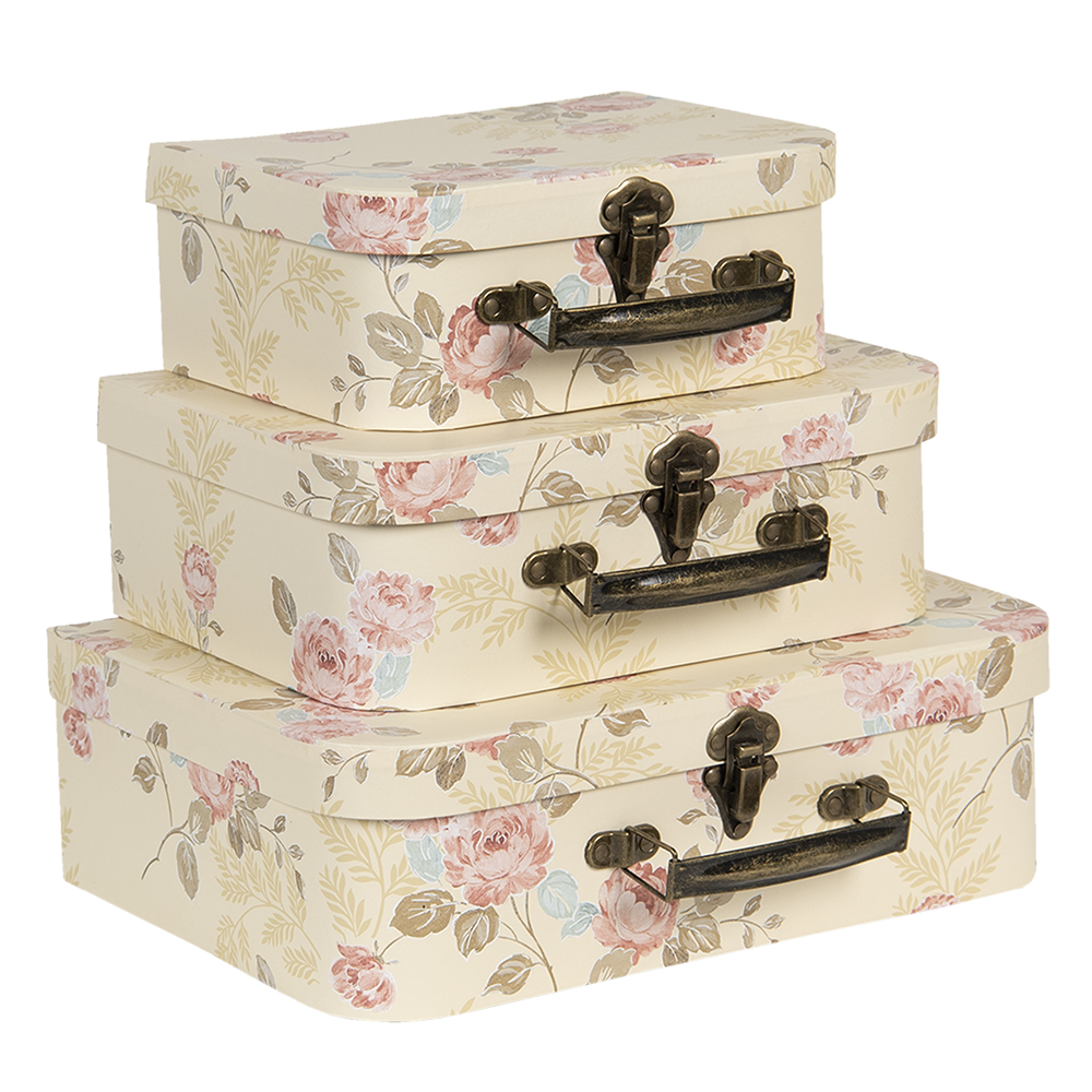 Clayre&Eef Decoratie Koffer Set van 3 30x21x9/25x18x9/20x16x8 cm Beige Karton Bloemen afbeelding