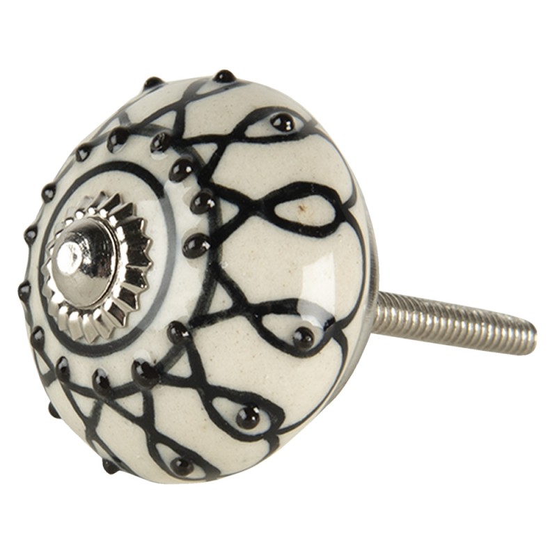 Clayre & Eef Door Knob 4x6 cm White Black Ceramic Round