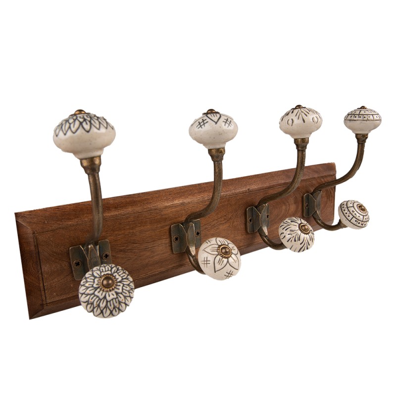 Clayre & Eef Attaccapanni da parete 4 ganci 45x11x17 cm Marrone Beige Legno Metallo
